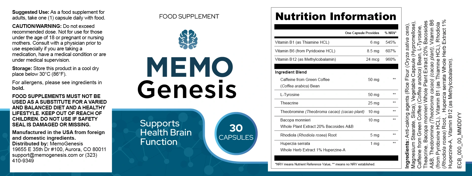 MemoGenesis supplement label showing suggested use, ingredients and nutrition information